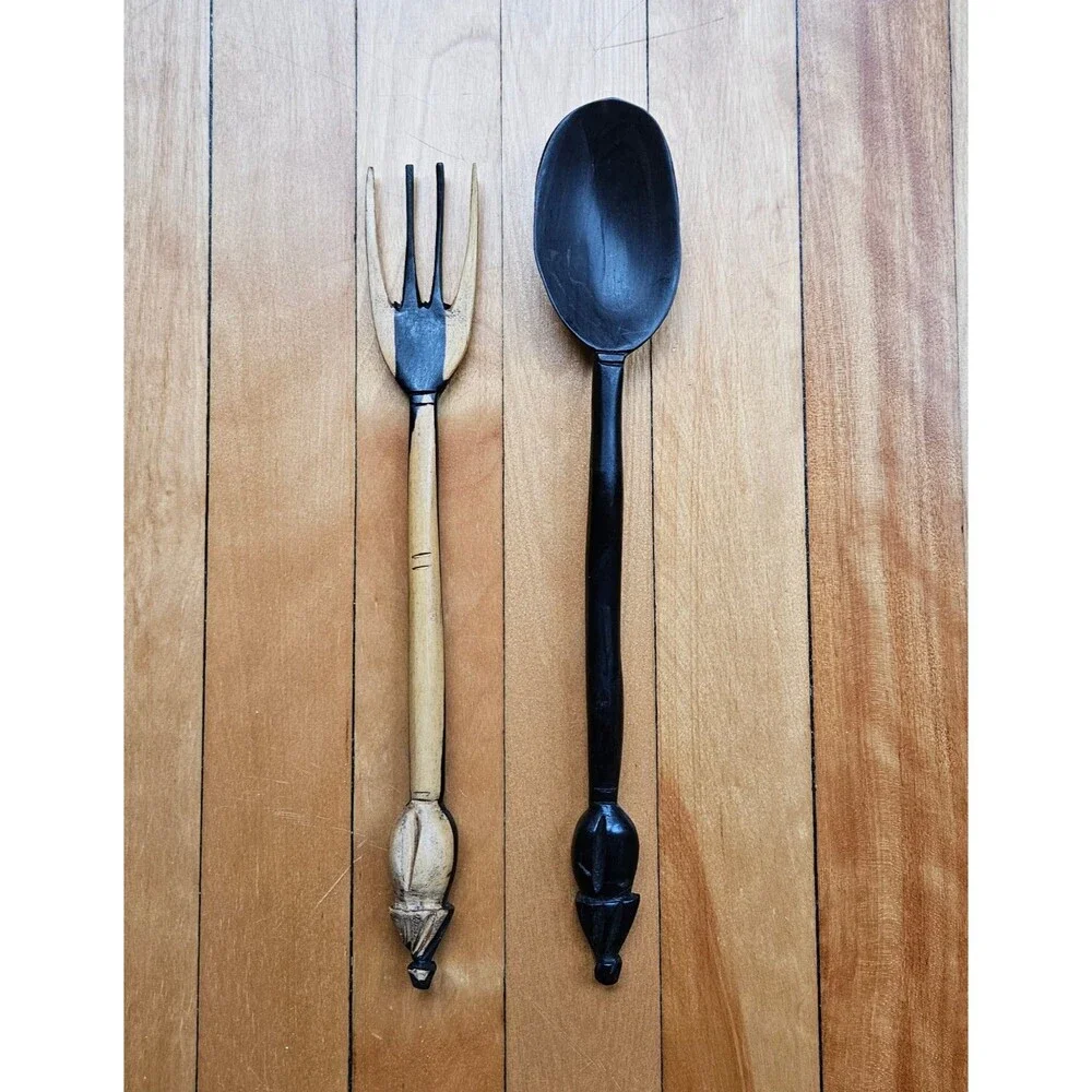 Handcarved Ebony and Ivory Wooden Hut Salad Servers from Mali
